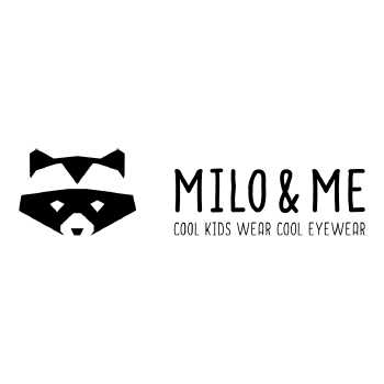 Milo & Me Logo mit stilisiertem Waschbärgesicht und Schriftzug 'Cool Kids Wear Cool Eyewear